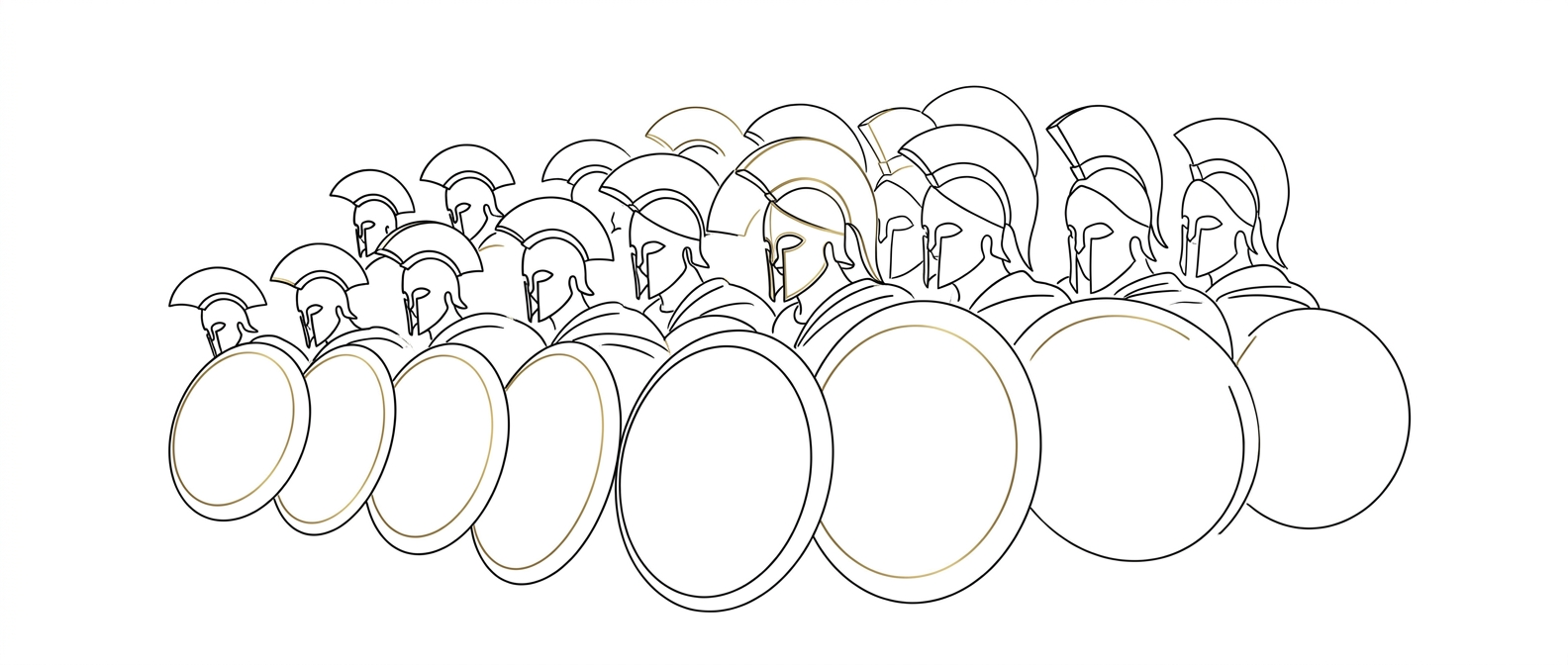Line drawing of a Roman phalanx — soldiers with helmets and shields standing together